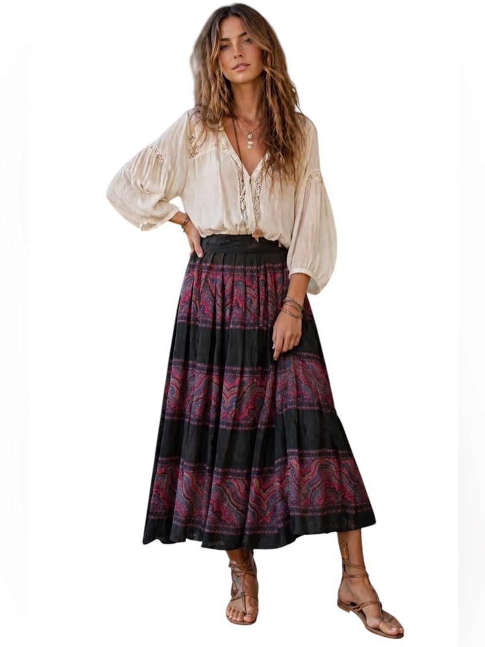 Talbots Vintage Silk Black and Red Paisley Midi Maxi Skirt Size 2
